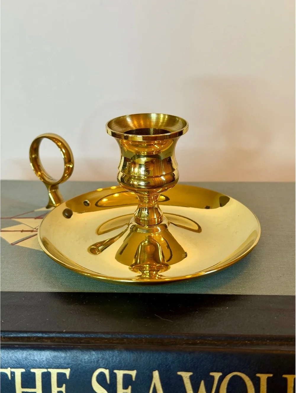 Vintage Solid Brass Chamberstick Candle Holder Finger Loop Handle Gold Tone